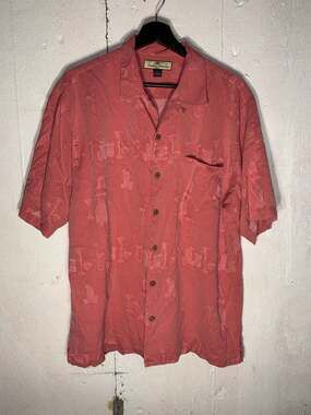 Tommy Bahama 100% Silk Red Hula Girl & Cocktails Jacquard Camp Shirt Size Large